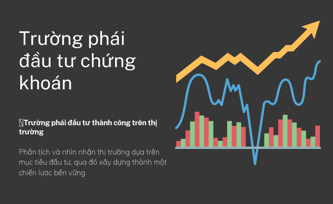 Biểu đồ đầu tư chứng khoán với đường tăng trưởng và cột màu sắc trên nền đen, kèm chữ giới thiệu chiến lược.