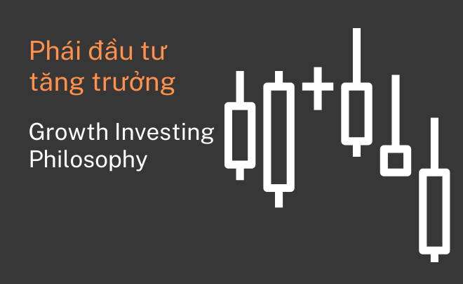 Biểu đồ nến tài chính với dòng chữ "Phái đầu tư tăng trưởng" và "Growth Investing Philosophy".
