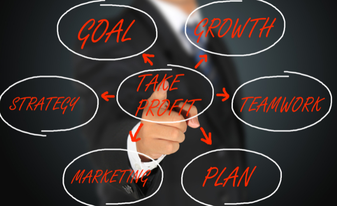 Người chỉ vào sơ đồ với các từ: Goal, Growth, Teamwork, Plan, Marketing, Strategy, Take Profit được nối với nhau.