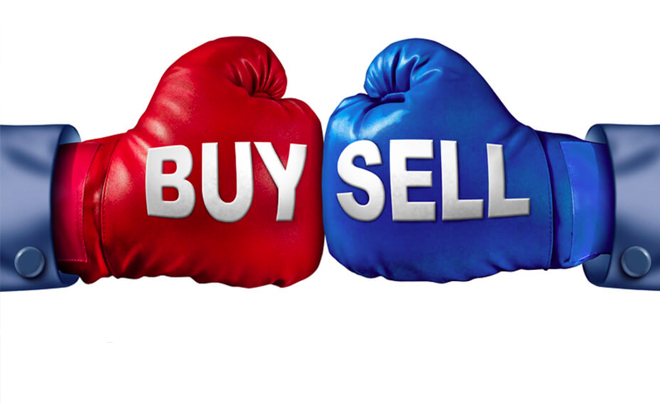 Hai găng tay đấm bốc đỏ và xanh đối diện nhau, chữ "BUY" và "SELL" trên mỗi găng tay.