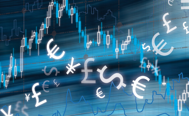 Biểu đồ tài chính với các ký hiệu tiền tệ như đô la, euro, yên và bảng Anh trên nền xanh dương.