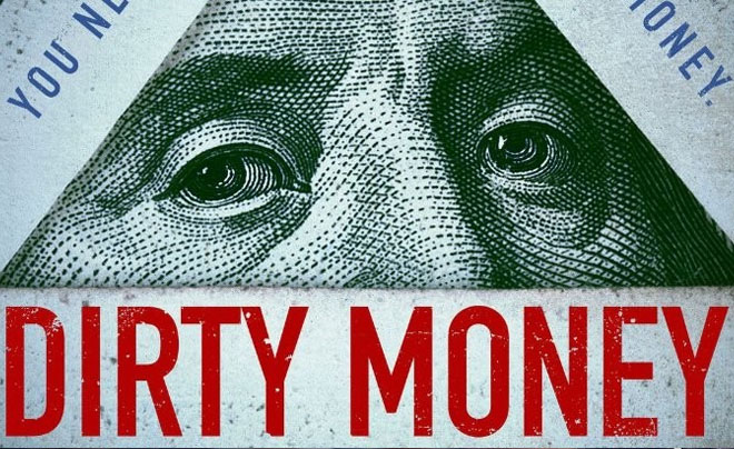 Hình ảnh một phần gương mặt từ tiền giấy với dòng chữ "DIRTY MONEY" phía dưới.