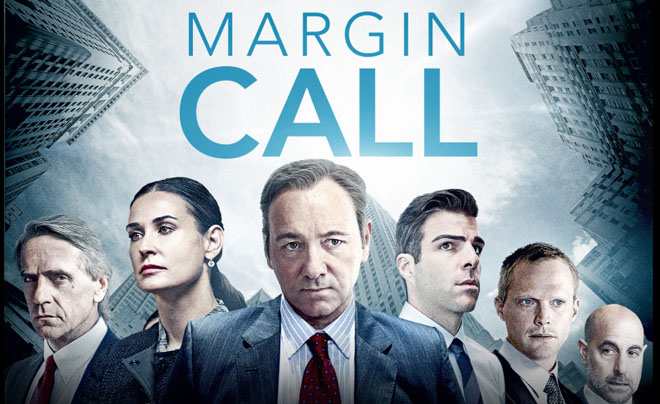 Poster phim "Margin Call" với sáu người đứng trước các tòa nhà cao tầng, tiêu đề phim ở phía trên.