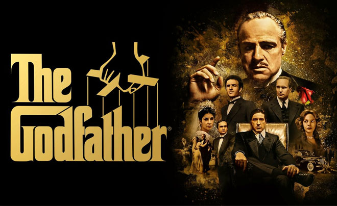 Bìa phim với tiêu đề "The Godfather" và hình ảnh các nhân vật trong trang phục cổ điển, bối cảnh u ám.
