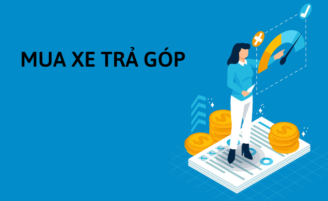 Hình minh họa về mua xe trả góp với người đứng cạnh biểu đồ và đồng tiền trên nền xanh.