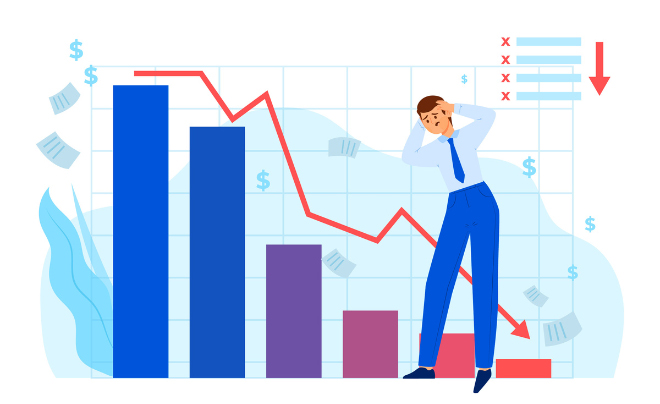 Người đứng trước biểu đồ cột và đường giảm dần, biểu thị sự suy giảm tài chính.