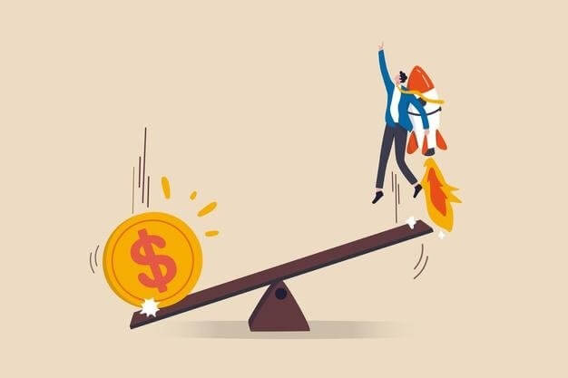 Người với tên lửa trên bập bênh, phía đối diện là đồng xu lớn có ký hiệu đô la, tượng trưng cho tài chính và tăng trưởng.