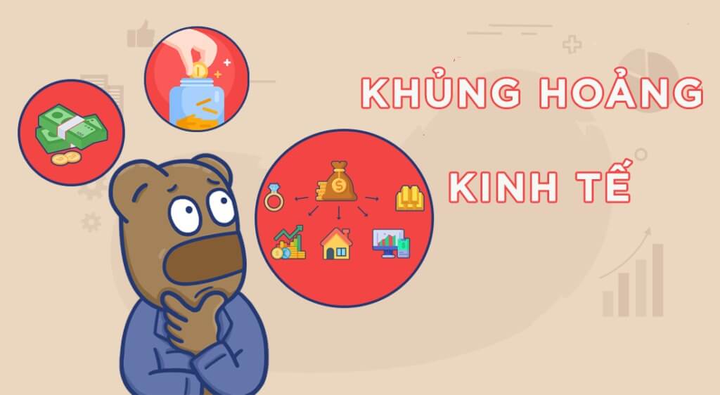 Hình vẽ một nhân vật hoạt hình lo lắng về các biểu tượng tiền, đầu tư và kinh tế kèm chữ "Khủng Hoảng Kinh Tế".