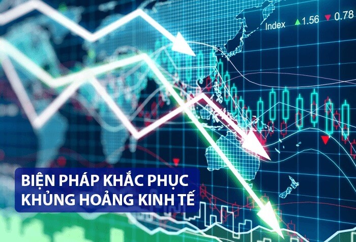 Biểu đồ kinh tế với mũi tên chỉ xu hướng giảm, có chữ "Biện pháp khắc phục khủng hoảng kinh tế".