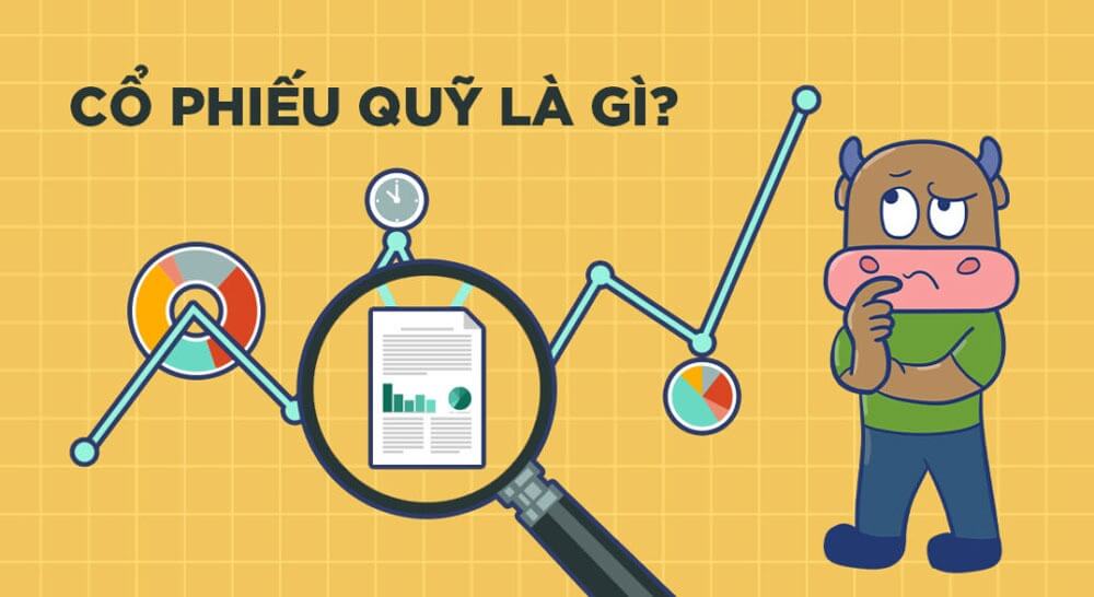 Hình minh họa biểu đồ tài chính với nhân vật hoạt hình suy nghĩ, tiêu đề "Cổ phiếu quỹ là gì?"