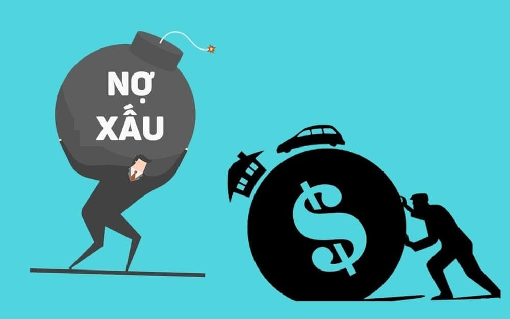 Hình minh họa hai người đang gánh và đẩy quả cầu lớn với chữ "Nợ xấu" và biểu tượng đô la.