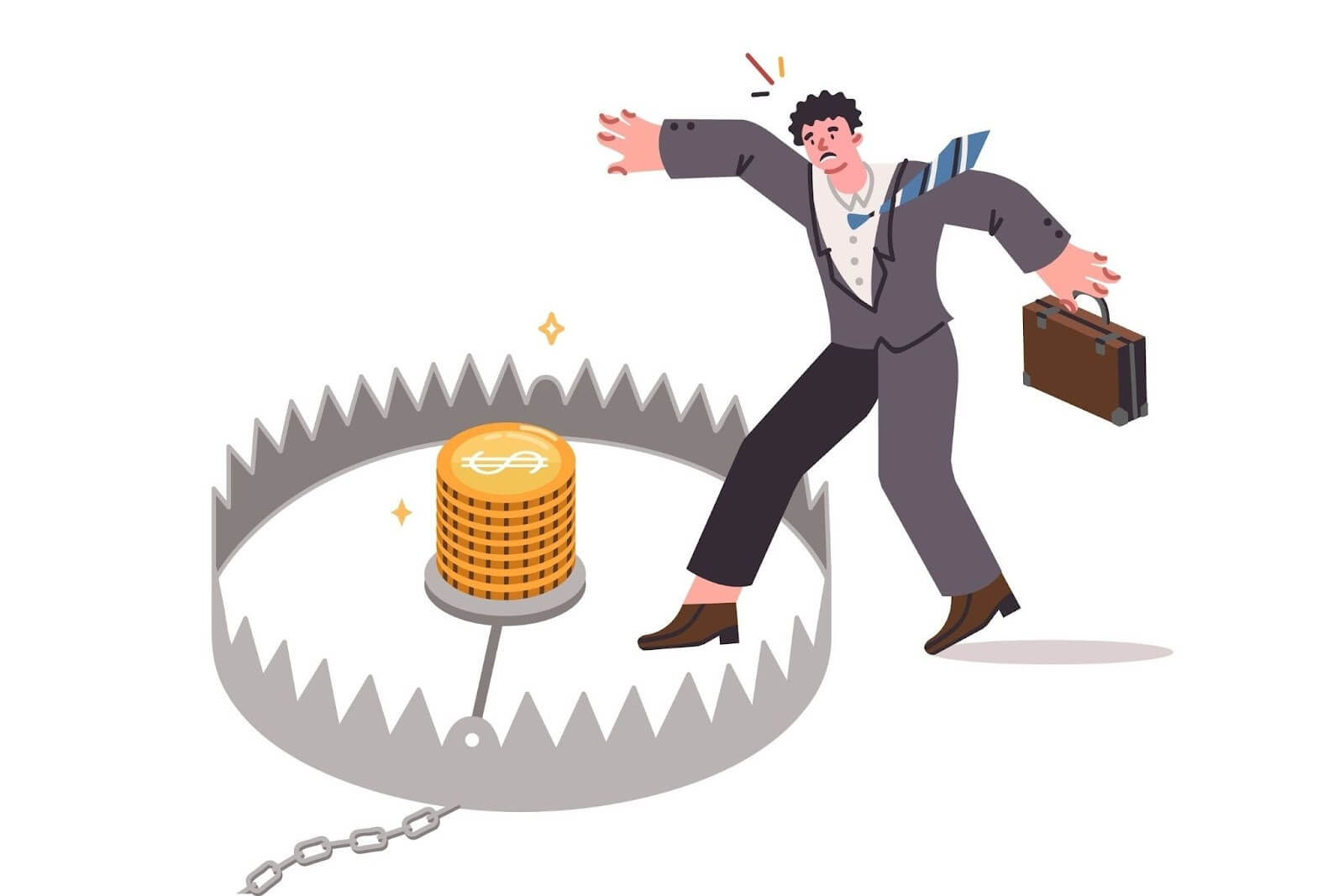 Người đàn ông hốt hoảng trước một cái bẫy lớn với đồng tiền vàng ở giữa, mặc vest và cầm cặp.
