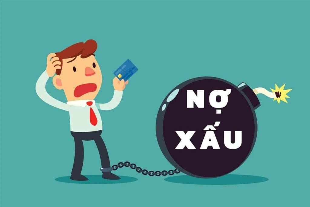 Hình minh họa một người lo lắng cầm thẻ tín dụng, đối diện quả bom với chữ "Nợ xấu".