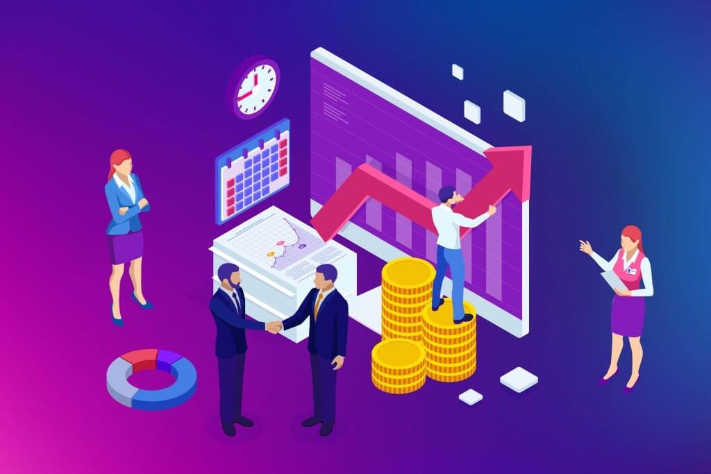 Một nhóm người thảo luận về biểu đồ kinh doanh với mũi tên đi lên, biểu thị sự tăng trưởng tài chính.