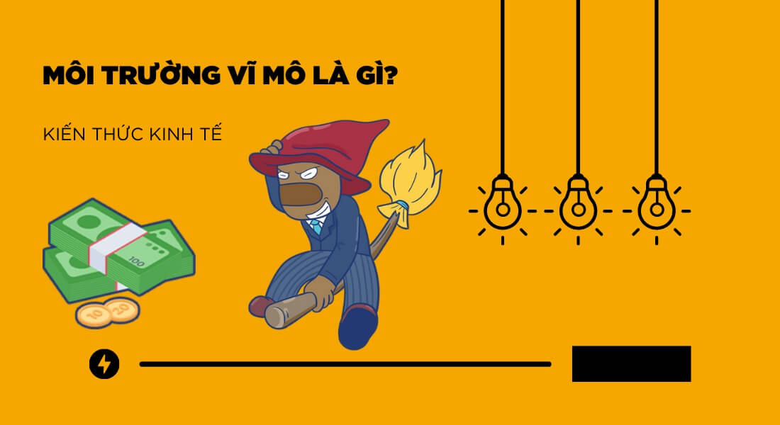 Hình minh họa nhân vật hoạt hình đang cầm chổi, cạnh đó là tiền mặt và bóng đèn trên nền cam.