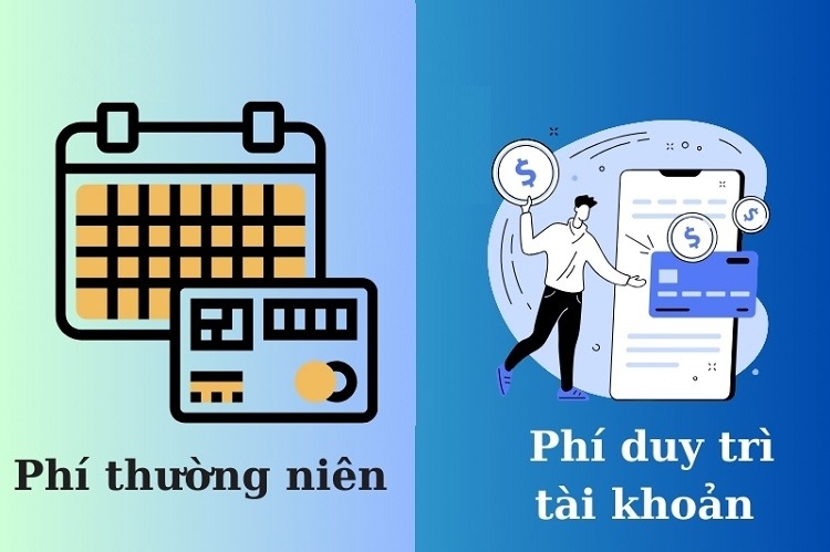 Hình minh họa phí thường niên với lịch và thẻ, bên cạnh là phí duy trì tài khoản với người cầm biểu tượng tiền.