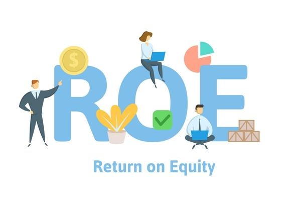 Minh họa khái niệm "Return on Equity" với hình ảnh nhân vật và biểu tượng tài chính xung quanh chữ "ROE".