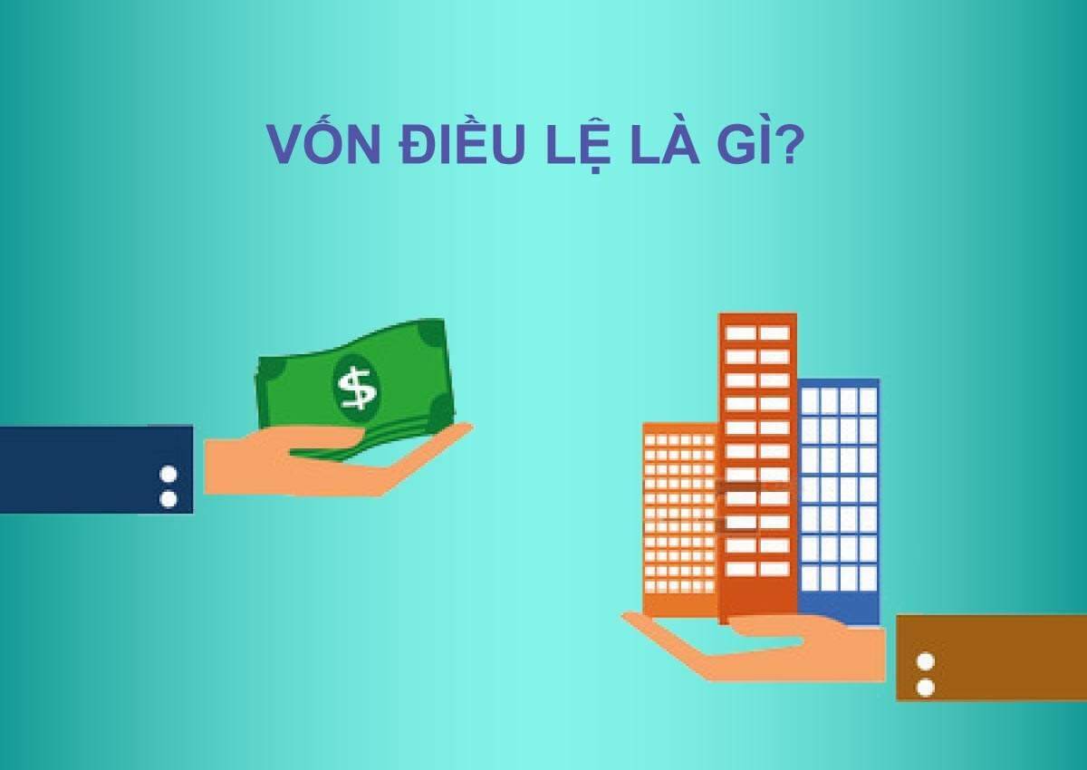 Hình minh họa hai bàn tay, một cầm tiền, một cầm các tòa nhà, với tiêu đề "Vốn điều lệ là gì?".