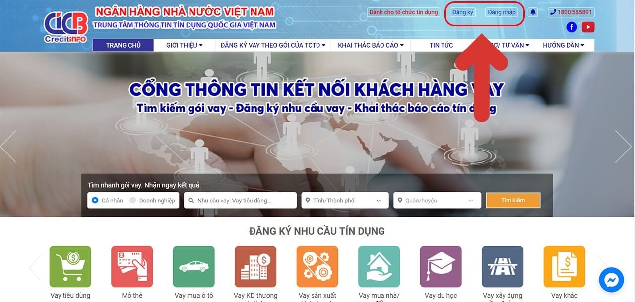 Trang web ngân hàng với chức năng tìm kiếm gói vay, nút đăng ký và đăng nhập được đánh dấu.