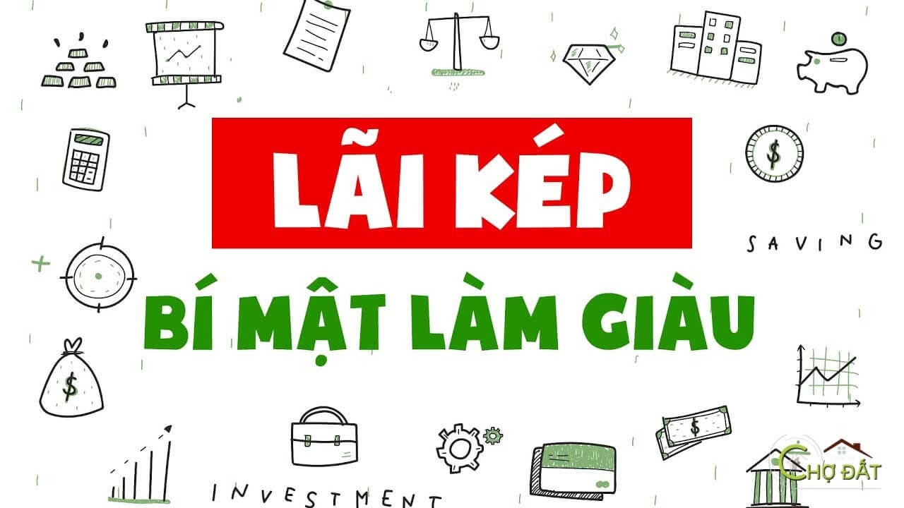 Hình minh họa với chữ "Lãi Kép - Bí Mật Làm Giàu" và các biểu tượng tài chính như túi tiền, biểu đồ.