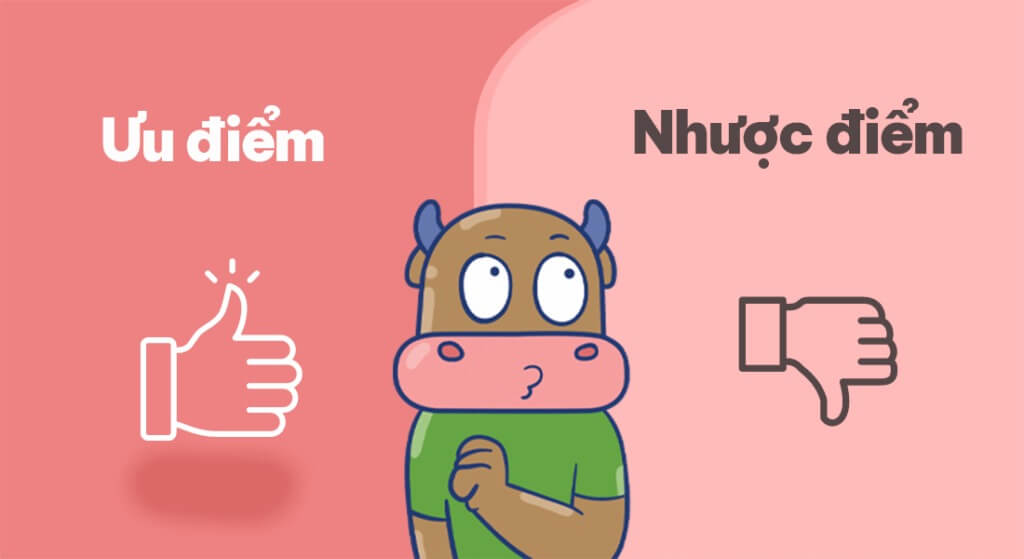 Hình vẽ nhân vật hoạt hình đứng giữa biểu tượng ưu điểm và nhược điểm trên nền màu hồng.