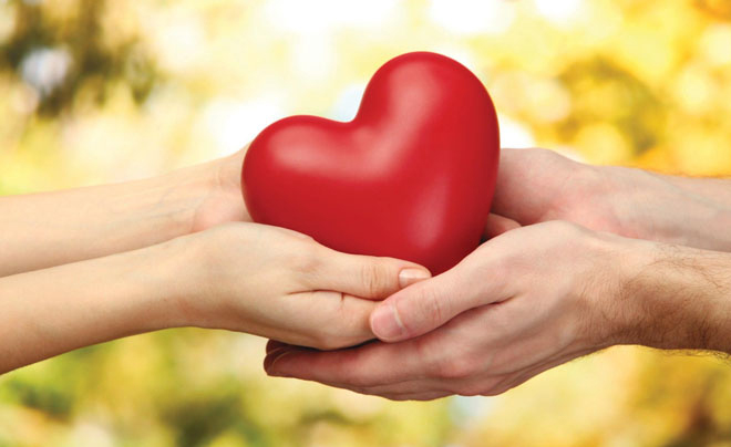 Hai đôi tay nắm giữ một trái tim màu đỏ trên nền mờ màu vàng, biểu tượng cho tình yêu và sự sẻ chia.