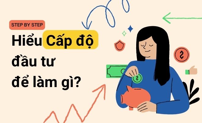 Người phụ nữ tiết kiệm tiền vào heo đất, xung quanh là biểu tượng tài chính và mũi tên xu hướng.