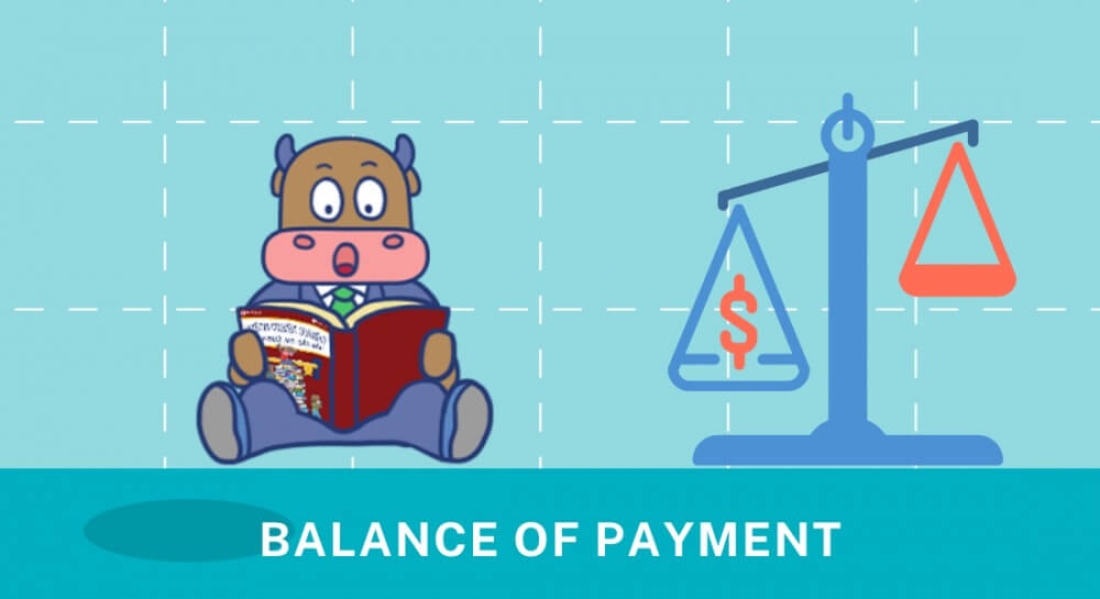 Nhân vật hoạt hình đọc sách bên cạnh hình ảnh cân với ký hiệu đô la, nền chữ "BALANCE OF PAYMENT".