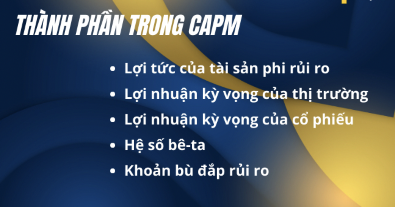 Văn bản về các thành phần trong CAPM, gồm lợi tức, lợi nhuận kỳ vọng, hệ số bê-ta và khoản bù đắp rủi ro.