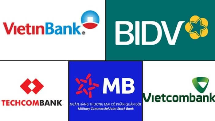 Logo của năm ngân hàng khác nhau tại Việt Nam với màu sắc và biểu tượng đặc trưng.