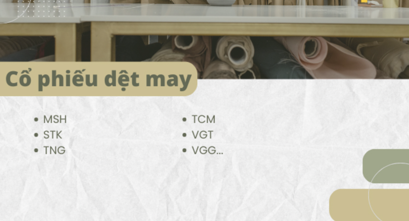 Hình ảnh hiển thị tiêu đề "Cổ phiếu dệt may" cùng danh sách mã cổ phiếu và hình ảnh cuộn vải.