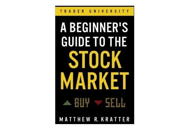 Trang bìa sách "A Beginner's Guide to the Stock Market" với chữ màu vàng và trắng trên nền đen.