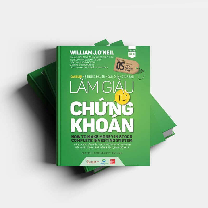 Sách bìa xanh với tựa đề "Làm giàu từ chứng khoán" và các thông tin hướng dẫn đầu tư tài chính.