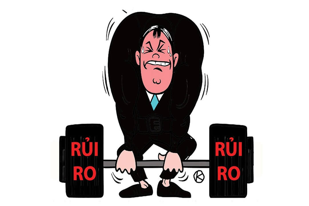 Hình minh họa một người đang nâng tạ với chữ "Rủi ro" trên quả tạ, biểu hiện sự căng thẳng.