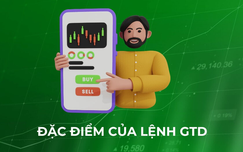 Hình minh họa người cầm thiết bị di động hiển thị biểu đồ và nút "Mua" và "Bán", nền màu xanh lá cây.