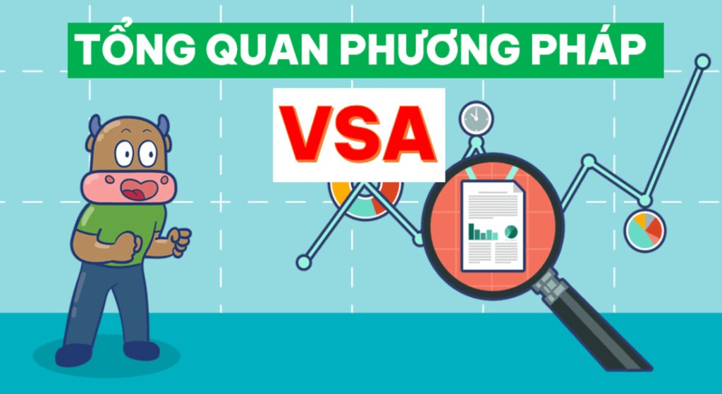 Nhân vật hoạt hình đứng cạnh biểu đồ và kính lúp, với từ "Tổng quan phương pháp VSA" phía trên.