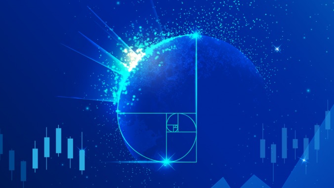 Hình vẽ xoắn ốc Fibonacci trên nền xanh lam với biểu đồ cột và các tia sáng lấp lánh.