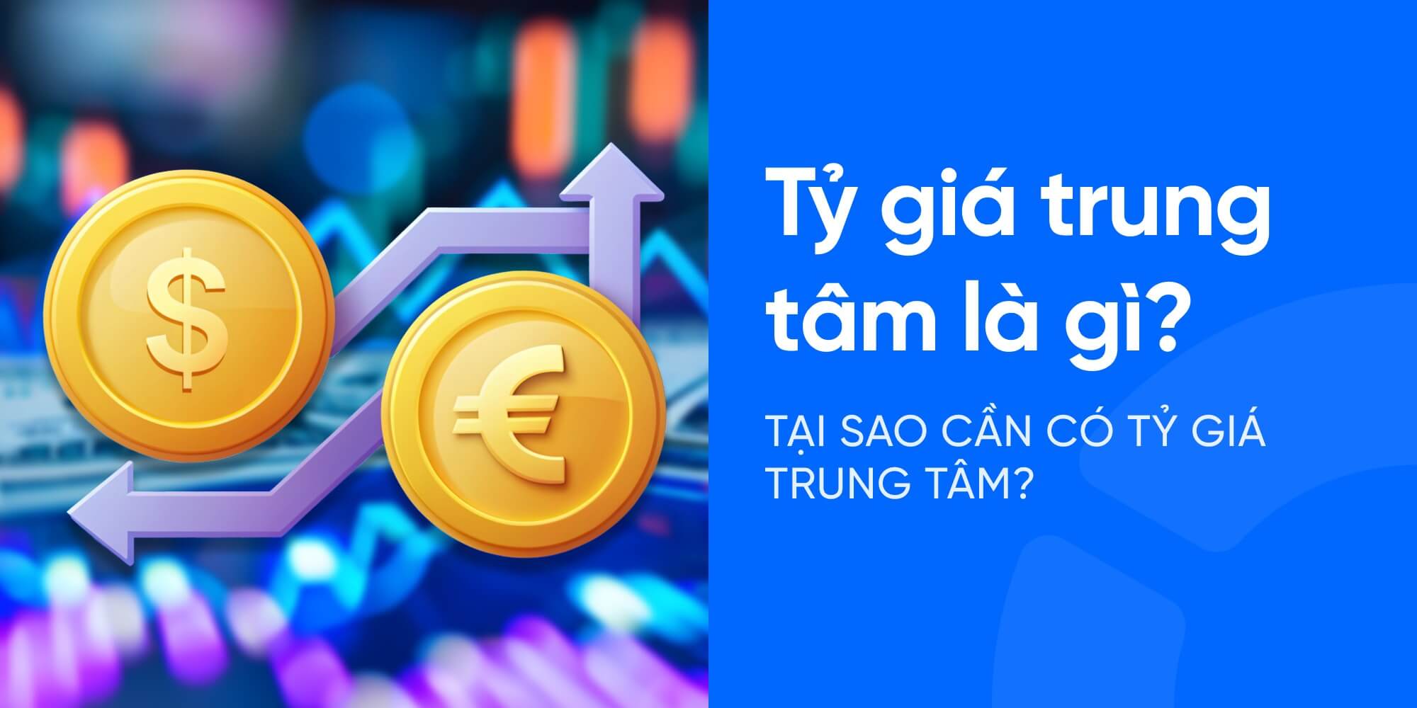 Hai biểu tượng tiền tệ đô la và euro với mũi tên, nền có dòng chữ về tỷ giá trung tâm.