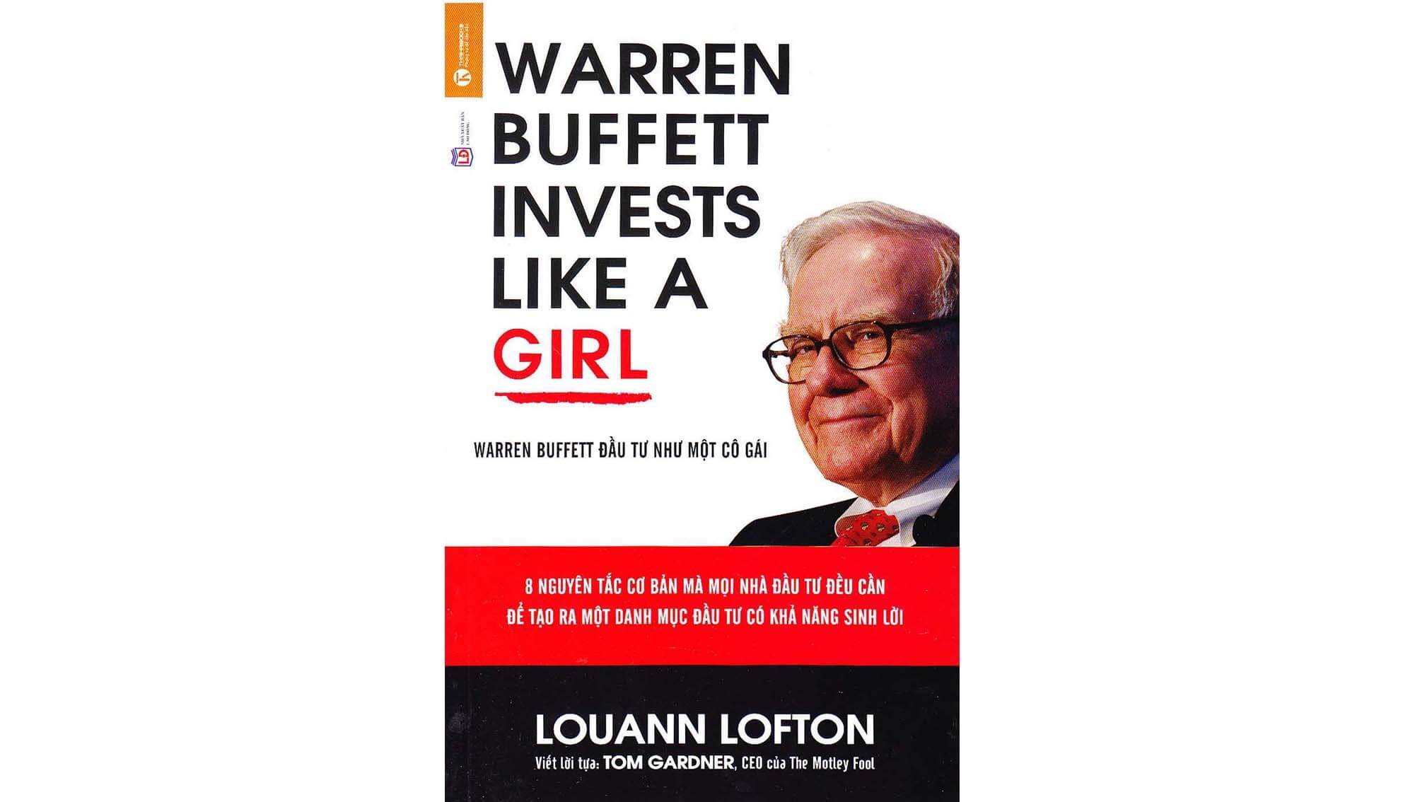 Bìa sách với tiêu đề "Warren Buffett Invests Like a Girl" và hình ảnh một người đàn ông đeo kính.