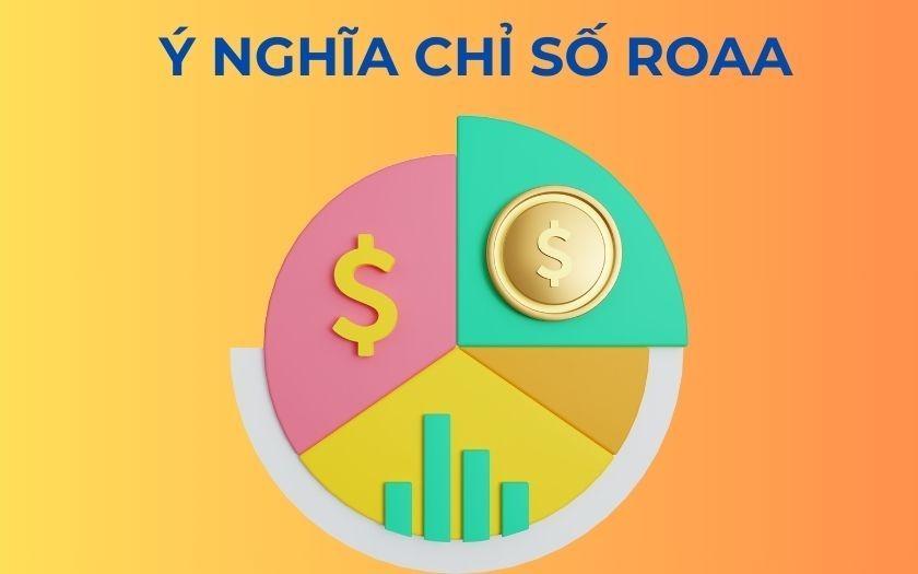 Biểu đồ hình tròn nhiều màu với biểu tượng đô la và cột biểu đồ, nền cam, chữ "Ý nghĩa chỉ số ROAA".