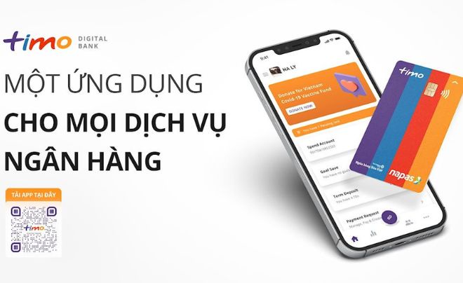 Điện thoại hiển thị ứng dụng ngân hàng số và ba thẻ ngân hàng với màu sắc khác nhau ở bên phải.