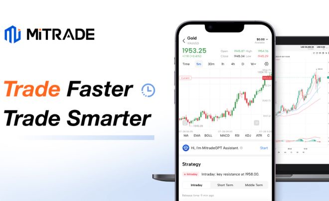 Ứng dụng giao dịch tài chính trên điện thoại và máy tính với biểu đồ giá và dòng chữ "Trade Faster, Trade Smarter".