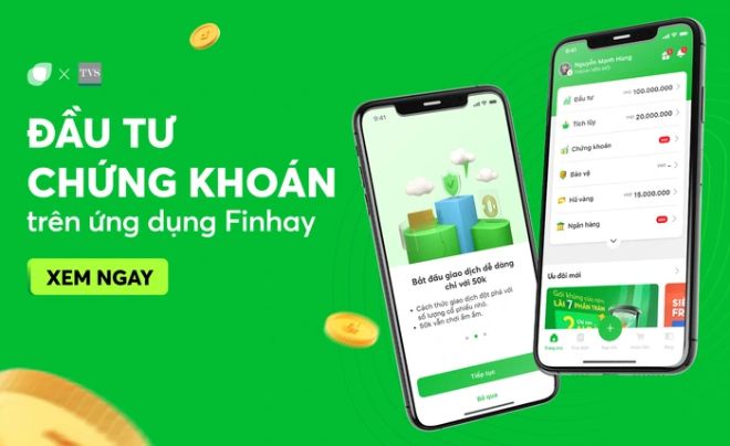Hai điện thoại hiển thị ứng dụng đầu tư chứng khoán Finhay, nền xanh lá cây, nút "Xem Ngay" nổi bật.