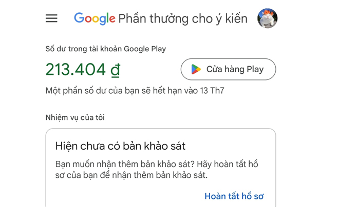 Giao diện ứng dụng Google Phần thưởng cho ý kiến, hiển thị số dư tài khoản và thông báo không có bản khảo sát.