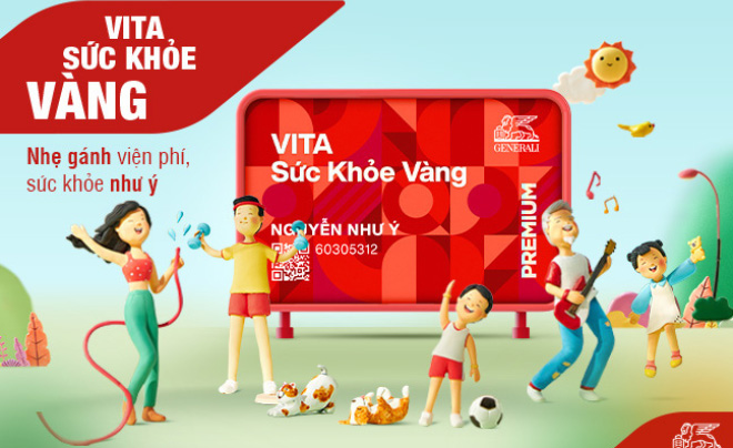 Hình ảnh quảng cáo sản phẩm bảo hiểm sức khỏe với các nhân vật hoạt hình vui chơi ngoài trời, nền trời xanh.