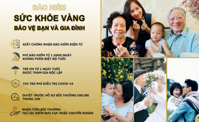Quảng cáo bảo hiểm sức khỏe với hình ảnh gia đình hạnh phúc và thông tin lợi ích sản phẩm.