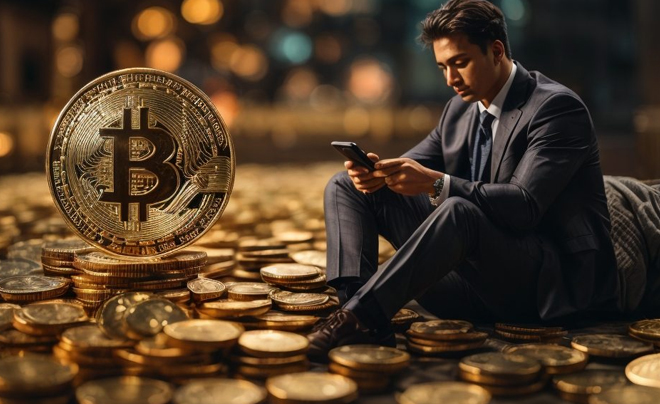 Người đàn ông trong bộ vest ngồi kiểm tra điện thoại, xung quanh là nhiều đồng xu Bitcoin lớn nhỏ.
