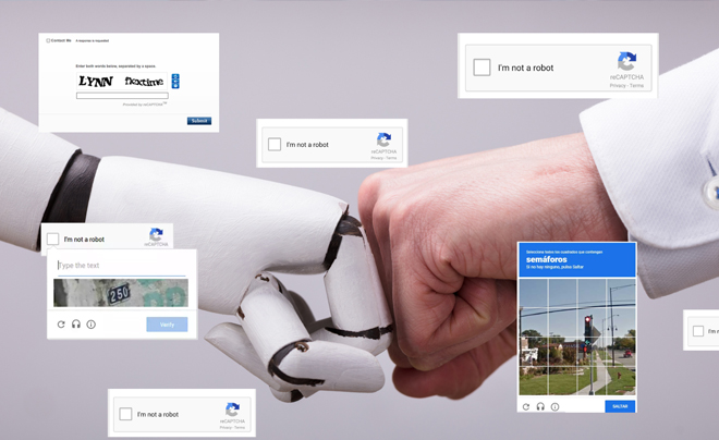 Cánh tay robot và cánh tay người đấm tay nhau, xung quanh là các cửa sổ thông báo "I'm not a robot".