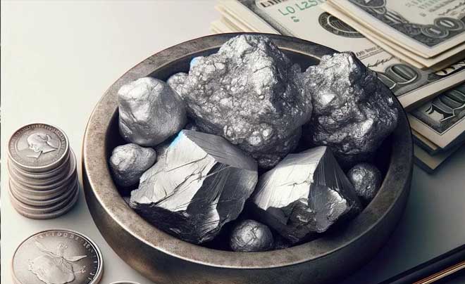 Một bát chứa các khối bạc thô, bên cạnh là chồng tiền giấy và tiền xu trên mặt bàn.