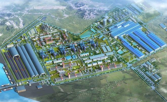 Hình ảnh một khu công nghiệp rộng lớn với nhiều nhà xưởng và cơ sở hạ tầng hiện đại, nhìn từ trên cao.
